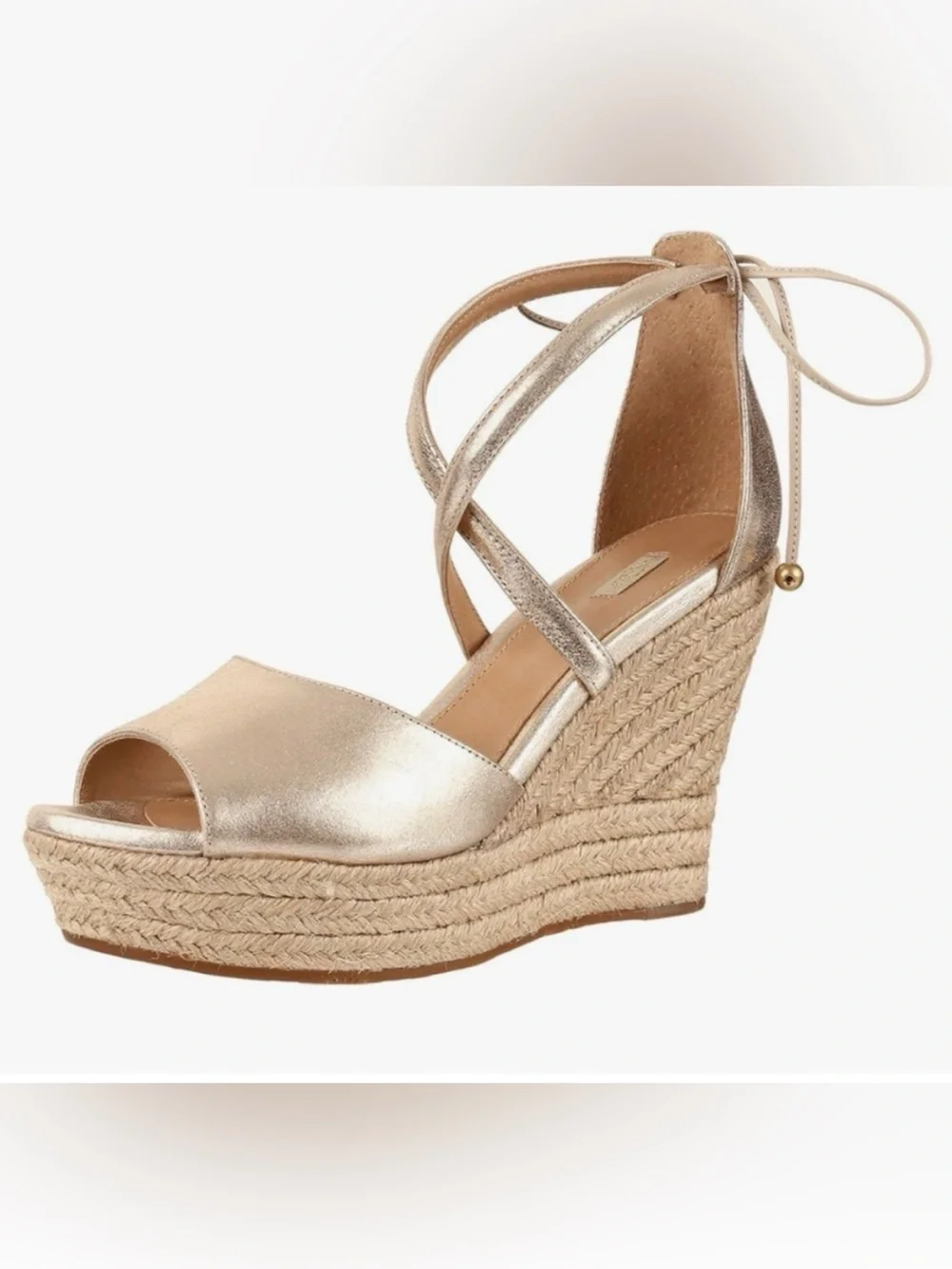 UGG Reagan Metallic Gold Espadrille Wedge Sandals with Ankle Tie